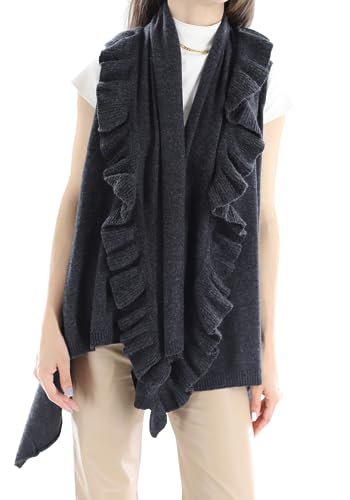 La Fiorentina Women's Knit Wool Vest w/Ruffles, Charcoal Grey2