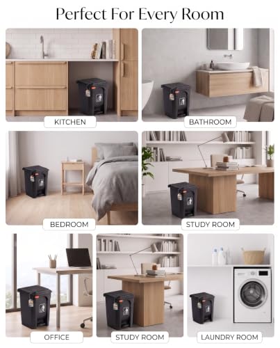 Image of pedal dustbin with lid, heavy duty plastic garbage bin, hands-free step-on waste bin for kitchen, office, home, hotel, bathroom & outdoor use (Jet Black, 35 Liters)