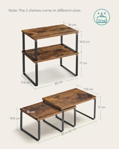 Image of ABJA Kitchen Organizer Racks, Set of 2 Wooden Rack for Kitchen Storage, Counter Top Stackable, Expandable, Adjustable Shelves (Rustic Brown, 2 Tier Stack)