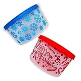 Christmas Themed Plastic Bucket with Lids For Holiday Baked Goods, Gift Giving, Candy Set of 2 items - 1 Snowflakes Blue, 1 Candy Cane Red or Reindeer Red 4.5x8 in. {STYLE VARY}