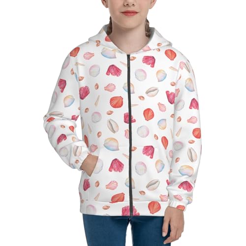 Red coral and scallop seashell Kid Hoodies Boys Zip Up Sweatshirts Girls Pullover with Pocket3