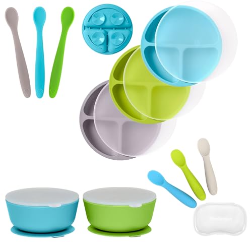 Image of WeeSprout - 3 Soft Spoons, 3 Self Feeding Spoons, 2 Suction Bowls & 3 Divided Plates - Ultimate Baby Feeding Bundle for 6+ Months - Dishwasher Safe Set - Travel-Friendly with Lids & Case