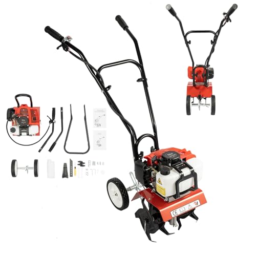 52CC Benzin Gartenfräse Minigrubber, 2-Takt Motorhacke, Mikrogrubber Bodenhacke, Bodenfräse mit Einstellbarer Arbeitstiefe, Garten Kultivator für Rasen Beet Gemüsegarten, Heimwerker Gartenwerkzeug