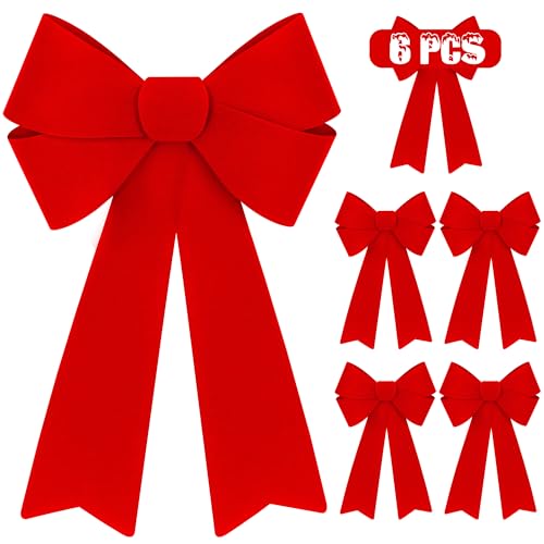 Heartome 6 PCS Red Christmas Bows, PVC Velvet Christmas Bows for Wreaths, 12 × 18 in Red Xmas Decorations Hanging Indoor Outdoor Large Xmas Decor Porch Railing Fireplace Party Decor