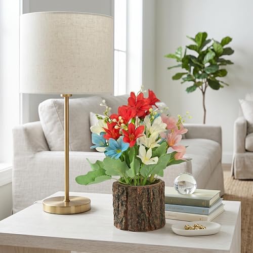 Image of Dekorly Artificial Multi Colour Lily Flower with Real Wooden Vase (28CM Overall Height) | Decorative Lifelike Faux Floral Plant in Rustic Tree Log Pot for Living Room(Mini Lily Flower)