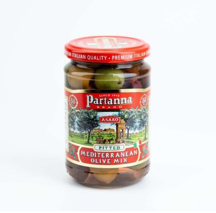 Partanna Mediterranean Pitted Olive Mix - Authentic Sicilian - Premium Handpicked - Snacking-Aperitif-Entertaining-Heart-Healthy- Keto & Paleo- Product Of Italy 11 oz Jar