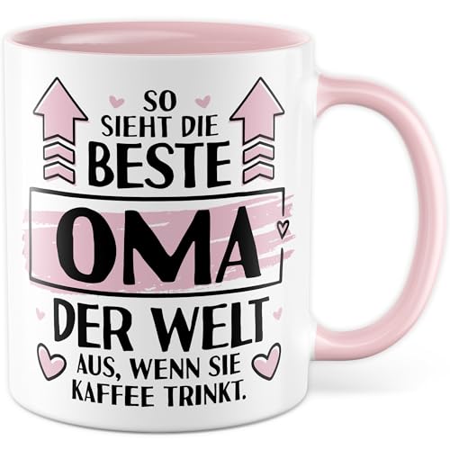 Oma Tasse mit Spruch - Geschenk So sieht die beste Oma der Welt aus, wenn sie Kaffee trinkt - Kaffeetasse 330ml aus Keramik - Gro&szlig;mutter Enkel Gro&szlig;eltern Familie Kaffee-Becher