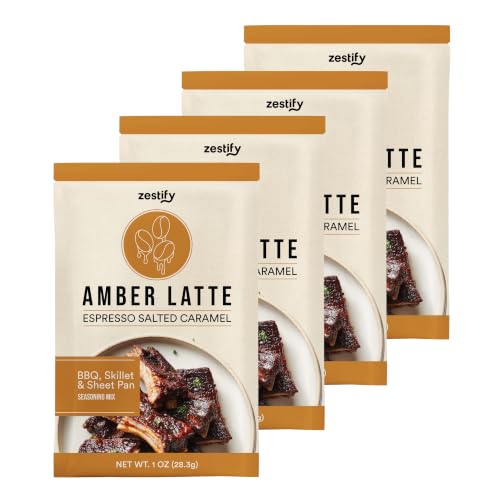 Zestify Amber Latte - Espresso Salted Caramel Seasoning Mix Packets | Gourmet Spice Blend for BBQ Dry Rub, Casseroles, Breakfast, and Desserts (4-1 oz pouches)