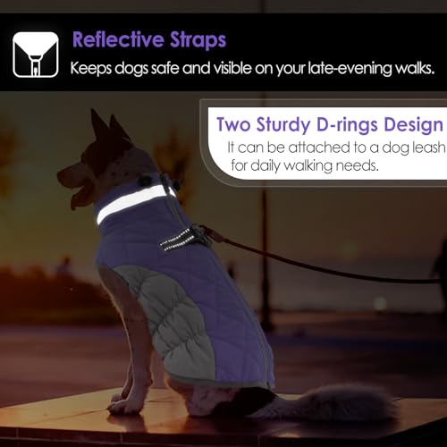 Image of AOFITEE Dog Coat, Warm Dog Winter Coat, Reflective Turtleneck Large Dogs Jacket with Harness Built in, Turtleneck Pet Winter Jacket, Waterproof Pet Snow Jackets Fleece Vest, Lilac XL