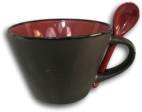 Contemporary Soup Coffee Tea Two Tone Mug Cup with Attaching Spoon 12 oz (Maroon)