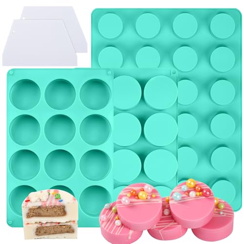 AFINSEA 3Pcs Cake Puck Mold Set 2 Different Sizes Chocolate Covered Cake Silicone Molds 24-Cavity&12-Cavity Round Cake Pop Molds with 2 Spatulas for DIY Cake Cores Chocolate Desserts Cakepucks