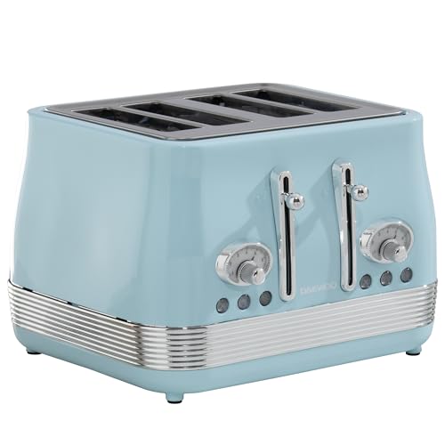 Daewoo Denver 4 Slice Toaster – Sky Blue, Retro Vintage Design, Wide Slots, Defrost, Reheat, Cancel Functions, Browning Control, Removable Crumb Trays – Ideal for Family Kitchens