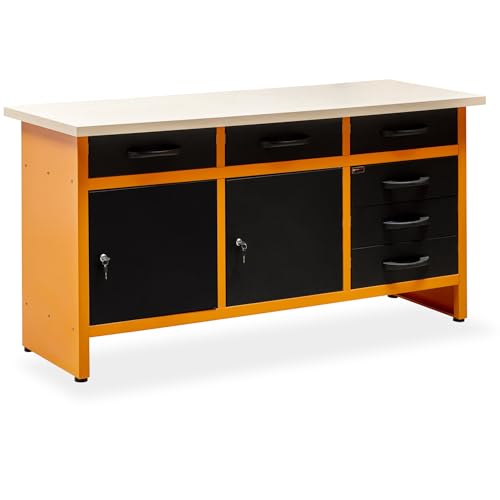 METALLMOBELL - Banco de Trabajo Profesional | 160x60x84cm, Cajones y Armario con Llave, Mesa de Trabajo Taller, Banco de Trabajo Taller, Mesa Trabajo, Banco de Carpintero, Banco Herramientas -MB010N-N