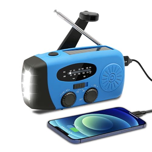 Radio Manivela de Emergencia Portátil, Radio Am/FM Recargable Solar y por Manivela, 2000mAh Powerbank, Linterna LED de 3 Modos, Cargador Celular, Alarma SOS para Camping y Supervivencia (Azul)