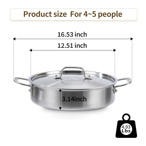 DELARLO Tri-Ply Stainless Steel 5 Quart Braiser Pan with Lid Induction Rondeau Pot With Lid 12inch Deep Frying Pan Large Saute Pan Heavy Duty Style Compatible With All Cooktops Up to 650℉ by DELARLO - Image 4