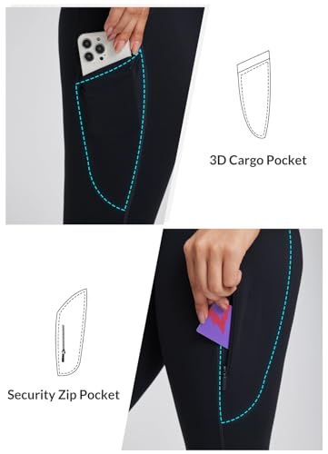 baleaf Damen Wanderleggings mit 3 Taschen Wanderhose Trekkinghose Sport Leggings High Waist Schnelltrocknend UPF 50+ Schwarz L