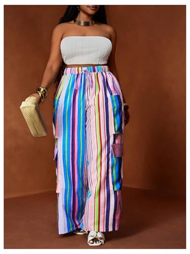Women's Plus Size Rainbow Striped Cargo Pants Color Block Drawstring Waist Straight Leg Trousers Streetwear3