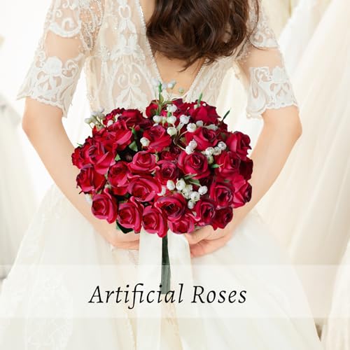 Ritzephyria 6-Pack Red Silk Rose Bouquets, 60 Roses Artificial Flowers Heads with Faux Baby\'s Breath Stems Leaves, Fake Roses for Wedding Bouquets, Centerpieces & Home Table Décor