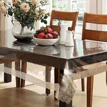 BONA SORT Transparent Dining Table Cover Golden Laced Waterproof (Size 60 x 90) (6 Seater) - PVC