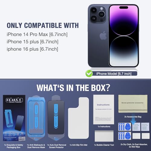 Image of 2-Pack Screen Protector for iPhone 14 Pro Max and iPhone 16 Plus and iPhone 15 Plus 6.7-Inch,9H Tempered Glass, High Definition Clear, Full Coverage, Anti-Fingerprint, Auto Dust-Elimination, No Bubble, Easy Installation