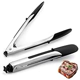 Silikon Küchenzange, 23CM, Edelstahl Kochzange mit rutschfestem Griff, Multifunktionale Fleischzange mit Klick-Verschluss, Hitzebeständige Grillzange für Airfryer, Fleisch, Salat und BBQ, 2er-Set