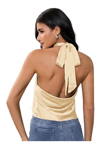 MakeMeChic Women's Summer Satin Silk Backless Halter Tank Tops