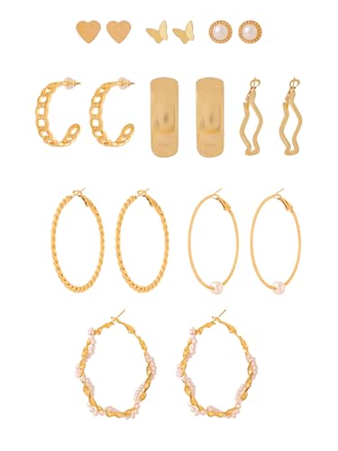 Image of Yellow Chimes Earrings for Women and Girls | Fashion Gold Stud & Hoop Set | Gold Plated Hoop & Studs Earring | Western Hoop Earrings Combo | Birthday Gift for Girls & Women Anniversary Gift for Wife