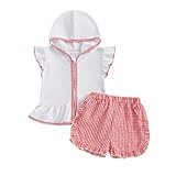 Mobbdow Toddler Baby Girl Swimsuit Bathing Suit Coverup Terry Cloth Flutter Sleeve Zipper Hooded Tops Plaid Ruffle Shorts Set (Red, 2-3T)