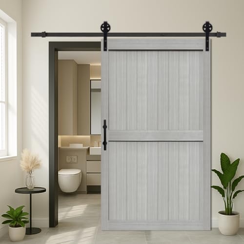 S&Z TOPHAND® 48in x 84in MDF Light Gray Barn Door with 8FT Sliding Door Hardware Kit, 24-60in Solid Barn Door Slab Covered with Water-Proof PVC Surface, Simple Assembly is Required(Big Wheel)