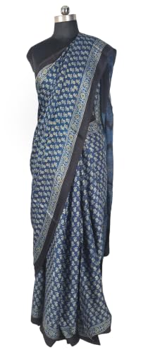 Image of Ethnics of Kutch Womenss Ajrakh Modal Silk Natural Dye Hand Block Print Saree with Blouse Piece - 5.5 Mtr Length (Indigo 03601B)