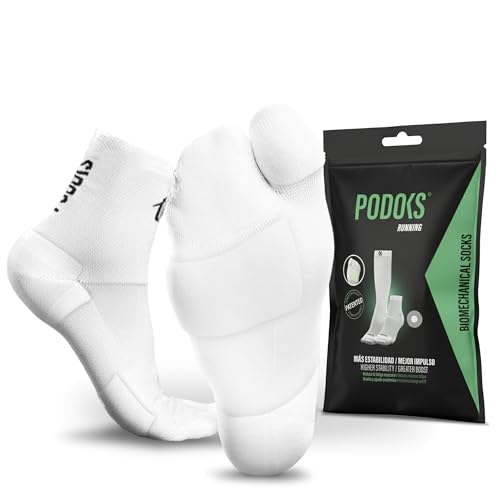 PODOKS® Calcetines Running PRO Hombre y Mujer | Compresión deportiva y almohadillado | Alivia Fascitis Plantar | Sirve para Padel, Crossfit, y más (FR/ES, Letras, XL, Regular, Alto, Blanco)