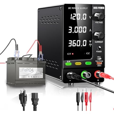 NICE-POWER DC Power Supply Variable 120V 3A 360W LiFePO4 Nickel-Metal Lithium Ion Hydride Battery Charger 6V 12V 24V 36V 48V 60V 92V 100V Battery Charging DC Power Supply Output Switch/OCP Function Cover