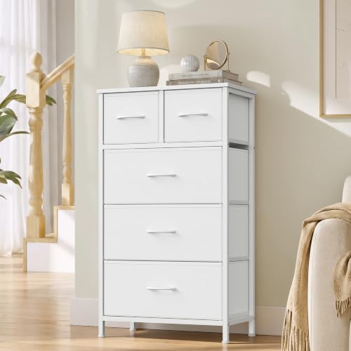 Image of SONGMICS Chest of Drawers, 5 Fabric Drawers Storage Unit, Wooden Top and Steel Frame, 50.6 x 30 x 96.2 cm, for Bedroom, Closet, Hallway, Living Room, Cloud White LGS431W101