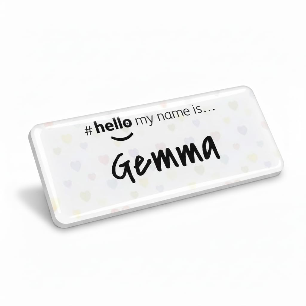 Resin Finish Hello My Name is Pastel Hearts Premium Personalised Durable Custom Staff Name Badge 76 x 32mm White/White