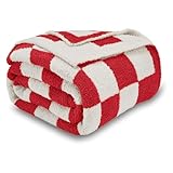CozeCube Super Soft Fullfy Microfiber Reversible Knitted Blankets, Warm Cozy Fuzzy Plush Throw, Christmas red and White Checkered Throw Blanket for Couch Bed Sofa, 50' x 60'