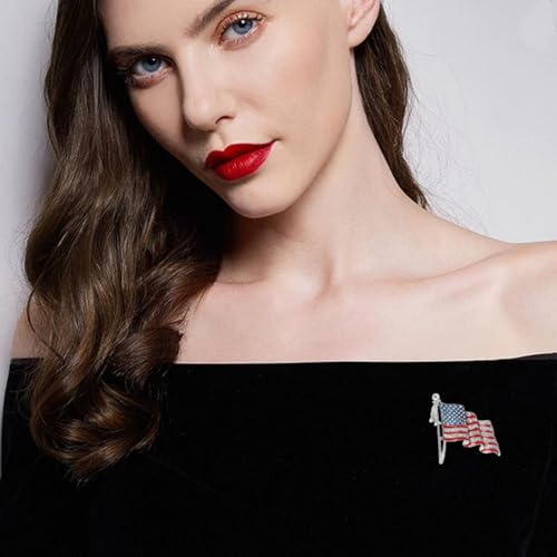 Image of Patriotic USA Flag Brooch Pin for Women Fashion Crystal Blue Red Independence Memorial Day Lapel Pin 4th of July Dress Accessories