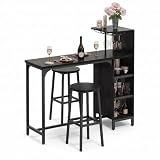 Xbro Bartisch mit Barhocker Set, Industrieller Bartisch mit Weinregal, Gläserhalter und 6 Flaschenhalter, Platzsparender Barschrank mit Seitenablagen, MDF & Metall, 120 × 40 × 120 cm, Schwarz