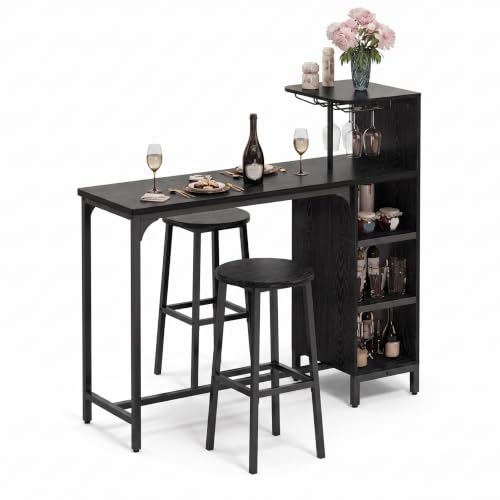 Xbro Ensemble Table de Bar avec 2 Tabourets, Table de Bar Style Industriel avec Porte-Verres, Porte-Bouteilles, Casier à Vin, Étagères Latérales, 120 × 40 × 120 cm, Noir