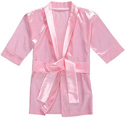 JUNYN Baby Girl Solid Color Pajamas Silk Satin Gown Sleepwear Plain Kimono Robe Toddler Kids Nightwear Outfit (Pink, 5-6 Years)
