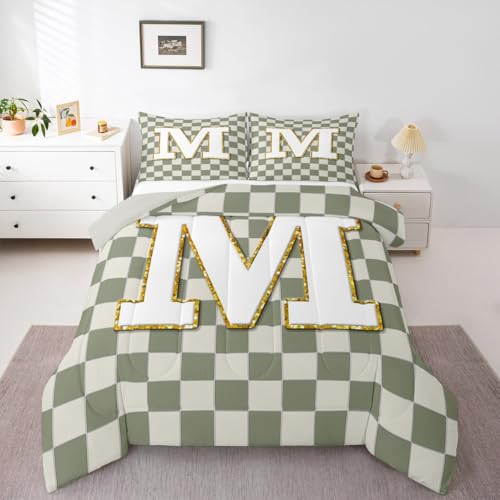 Image of Erosebridal Sage Green Checkered Kids Comforter Sets Plaid Initial M King Bedding Set for Adults Personalized Monogram Comforter Set,Fashion Grids Gingham Quilt Duvet 3 Pcs