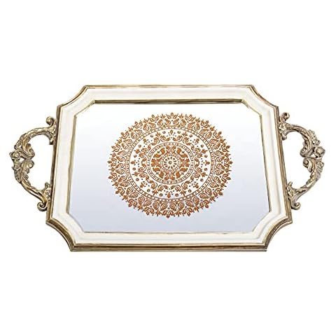 Decorative Mirrored Jewellery Tray ~ Elegant Designed Display and Serving Vanity Cosmetic Tray with Gold and White Rim Cover