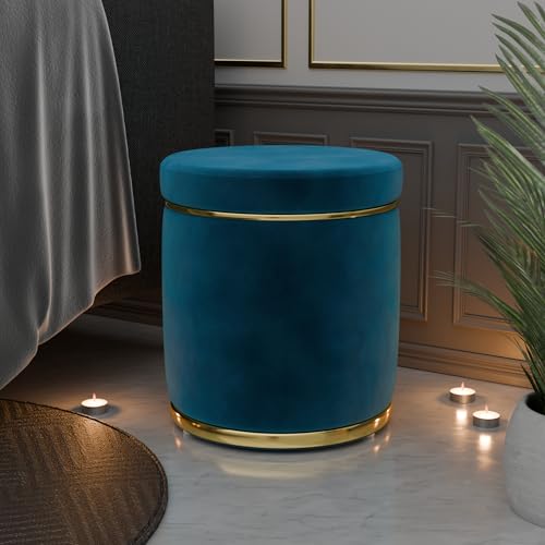 Image of ETIQUETTE ART Upholstered Velvet Round Dual Strip Ottoman Office Stool Foot Rest Stool Linen Fabric Padded Seat Pouf Ottoman with Round Shape for Living Room (Aqua)