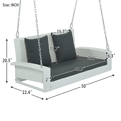 2-Person Porch Swing With Hanging Chains,Outdoor Rattan Wicker Porch Swing Bench With Cushion/Pillow For Front Garden, Backyard, Pond, Heavy Duty 500 Lbs (White Wicker, Gray Cushion) #TOP4