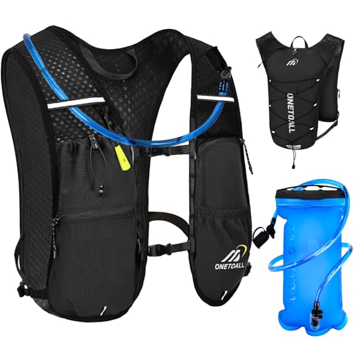 ONETOALL Chaleco Running Hombre Mujer, Ligero Mochila Hidratacion Trail Running, Chaleco para Correr con Bolsa Agua 2L, Silbato y Reflectante para Ciclismo Senderismo