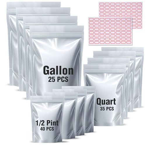 100 Pack Mylar Bags for Food Storage 100 Oxygen Absorbers 300cc 7.5 Mil Thick Stand Up Resealable Heat Sealable Bags 3 Sizes 1Gallon 1Quart 1/2 Pint Airtight Durable