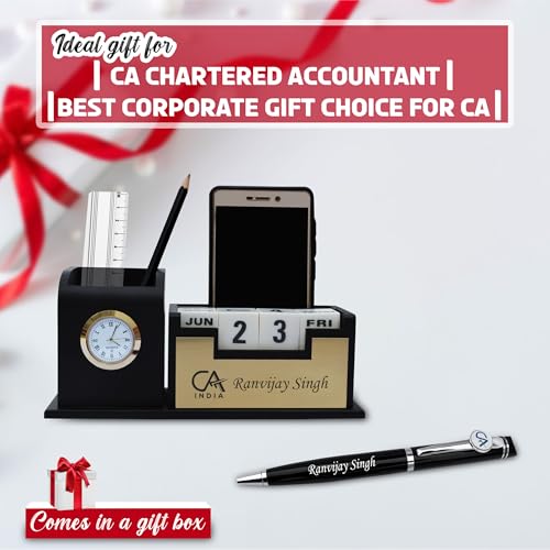 Image of SAVRI Personalized CA Gift Set - Engraved CA Logo Pen & Name /Designation Pen Stand | Professional Gift for Chartered Accountants - Ideal for CA Day, Graduation, Seminars, Corporate Gifting