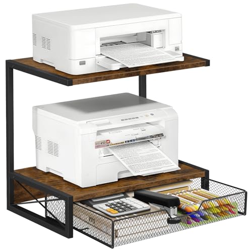 ELITEROO 2-Tier Desktop Printer Stand with Storage Drawer, Wooden Printer Stand for Desk, Small Printer Table with Shelf for Home Office, Fits Fax Machine, Scanner, 3D Printer, Rustic Brown