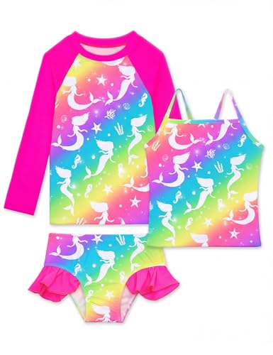 Image of Girls Rash Guard Swimsuit 3 Pieces Long Sleeve UPF50+ Quick Dry Bathing Suit for Toddler 3-12Y