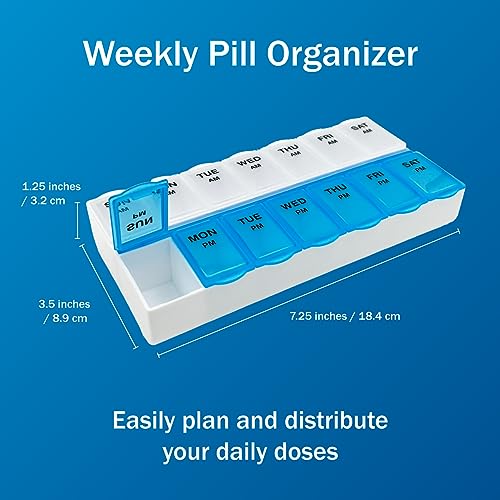 amazon basic care 7-day ampm pill organizer vitamin case and medicine box large compartments 2 times a day blue and clear lids