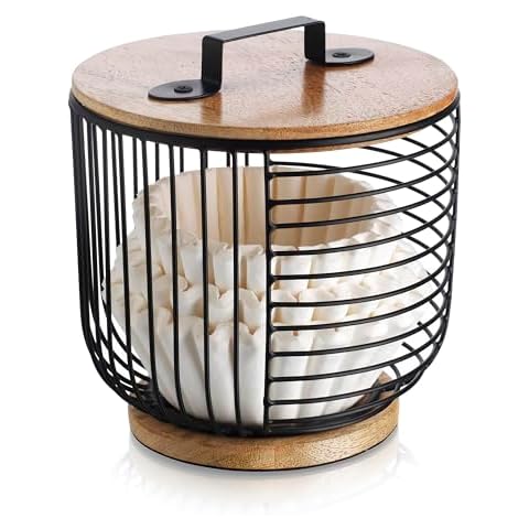 MosJos Coffee Filter Holder for Counter with Wooden Lid - Round Black Wire Coffee Pod Storage Container Basket for Kitchen Countertop Organization - Coffee Bar Accessories Cover
